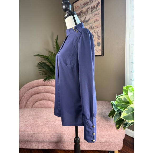 Stile Benetton Women's Navy Blue Long Sleeve Button Mock Neck Blouse Top - Picture 7 of 11